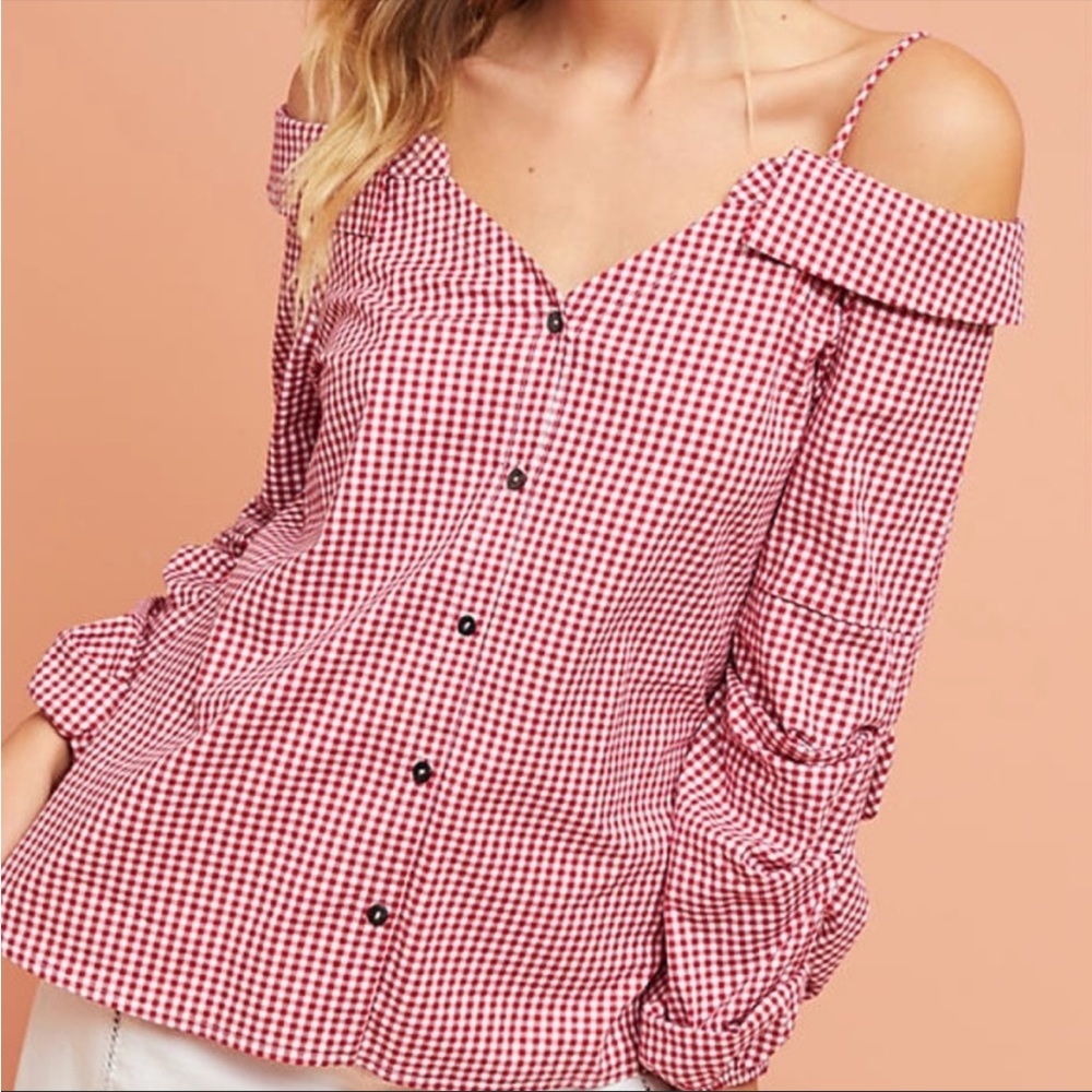 Anthropologie Guest Editor Adalie Red Gingham Open shoulder Blouse size. Small